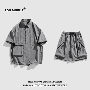 fogmurua日系工装衬衫，套装男女款夏季潮牌宽松短袖短裤两件套男