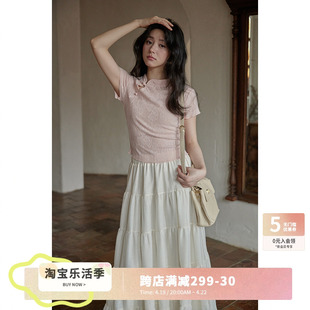 夕蒙2024夏季法式小个子新中式设计感小众短袖粉色t恤上衣女