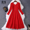 红色蕾丝连衣裙高腰修身气质长袖，v领高腰新娘a字蓬蓬中裙春季