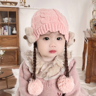 秋冬季婴儿帽子女宝宝女童帽公主花边针织毛线帽婴幼儿假发辫子帽
