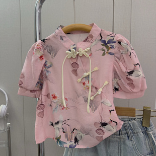 2024夏季女童中国风泡泡袖上衣粉色洋气盘扣雪纺短袖衬衫T恤