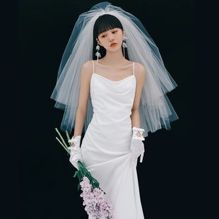 蓬蓬头纱新娘主婚纱缎面轻短款头饰复古领证拍照道具结婚白色多层