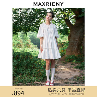 maxrieny半袖娃娃裙夏泡泡，袖连衣裙白色，蕾丝短裙