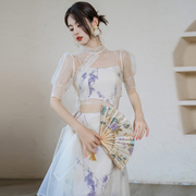 新中式高级感白色两件套装女夏季网纱罩衫镂空不规则吊带连衣长裙