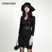 香莎chansarr复古气质黑色蕾丝，紧身连衣裙酷辣镂空拼接v领短裙