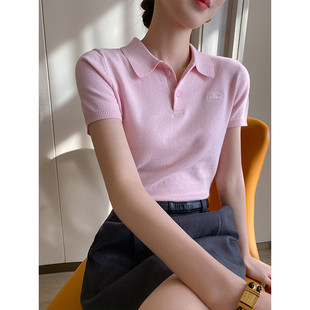 PINKEEN粉色polo领短袖针织T恤女夏季2024学院风时尚通勤上衣