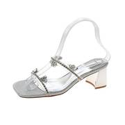 水钻拖鞋女夏外穿2023方头银色高跟凉鞋粗跟仙女风法式小凉拖
