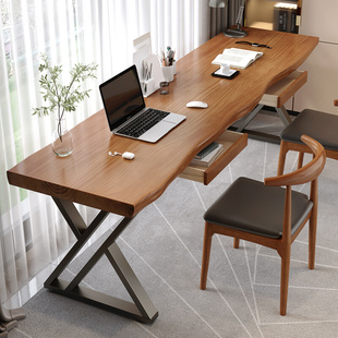 实木书桌工业风长条桌，电脑桌简约大板吧台，原木书房家用窄桌子松木