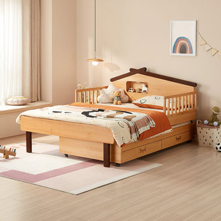 林氏木业实木儿童床，男孩女孩单人床带护栏，高箱储物床榻榻米房子床