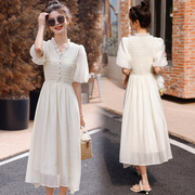 夏季 女装夏装中长裙长款打底裙子气质高腰米白色短袖连衣裙