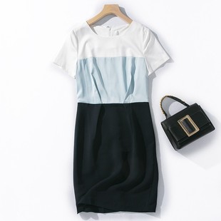 e5-1夏季断码小码女装蓝色系，渐变撞色圆领，一步裙短袖连衣裙
