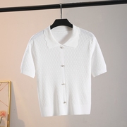 夏季白色T恤冰丝麻花短袖短款高弹POLO领套头超薄透气装饰扣上衣