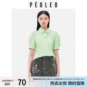 飘蕾2024夏季polo领口泡泡袖，绿色上衣女，休闲甜美衬衫女peoleo