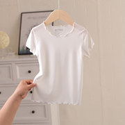木耳边女童短袖白色T恤莫代尔纯色夏装薄款打底衫中大童半袖上衣