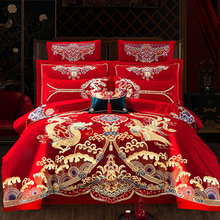 结婚四件套大红刺绣龙凤婚庆，房嫁喜庆全棉，被套床单床上用品六件套