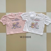 韩国童装Woodie夏季女婴童宝宝可爱卡通蕾丝翻领圆领短袖T恤