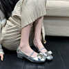 银色芭蕾鞋2024外穿方头，一字带浅口蝴蝶结单鞋，女低跟玛丽珍鞋