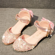 女童高跟凉鞋2023春季小女孩公主包头凉鞋表演鞋中大童水晶鞋