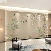 /2022年中式电视背景墙壁纸手绘花鸟刺绣沙发影视墙布无缝壁