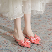 半拖鞋女包头外穿夏季糖果色丝绸蝴蝶结穆勒鞋法式甜美风高跟