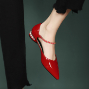 平底鞋女2024春季真皮尖头平跟一字带单鞋红色，浅口小皮鞋瓢鞋