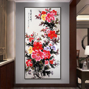 。新中式入户玄j关装饰画牡丹，挂画走廊过画尽头壁道花开富贵国画