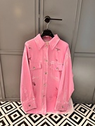 甜酷风 翻领长袖单排扣破洞设计粉色牛仔外套2023年夏季