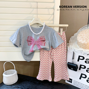 2024夏季女童韩版蝴蝶结，短袖t恤格子，九分喇叭裤休闲二件套装