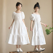 亲子装短袖白色连衣裙2024年跨境夏季小清新宽松海滩长裙