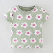 可爱女童纯棉短袖t恤宝宝豆绿色花朵半袖上衣，儿童夏装打底体恤衫t