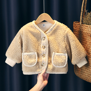 宝宝加绒外套秋冬款加厚男女小童洋气，时髦婴儿冬季羊羔毛毛衣(毛毛衣)外套