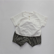 儿童短袖男童女童夏款棉麻纯色T恤婴儿宝宝薄款韩版蝙蝠袖开筒衫