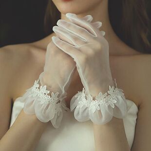 赫本风婚纱手套复古白色短款缎面，网纱花边新娘结婚礼服晚宴配