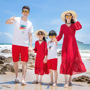 高端红色母女装长袖连衣裙沙漠旅行拍照亲子装一家四口沙滩装夏季
