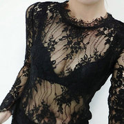 黑色蕾丝打底衫大码女长袖罩衫，2022性感镂空透视网纱内搭上衣