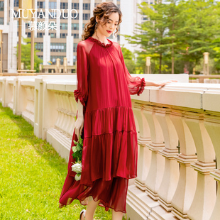 红色真丝连衣裙2024夏季真丝，长裙高端大牌桑蚕丝茶歇法式裙子