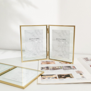 北欧简约双页折叠金属相框，摆台桌面玻璃画框组合6寸照片框相册框