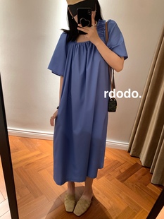 rdodo自线自留三色!橙色，蓝色黑色真丝棉，长款方领法式慵懒连衣裙