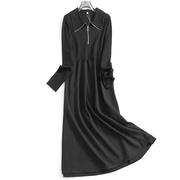 黑色显瘦修身polo领半拉链，长袖女裙春季长裙，韩系连衣裙子n861