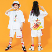 儿童街舞潮服夏季男童定制国潮体恤女童嘻哈，套装男童中国风演出服