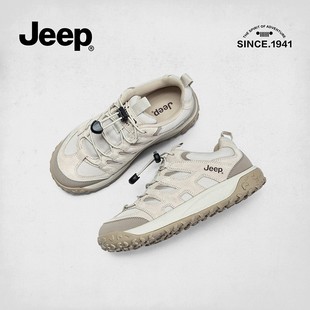 jeep运动鞋女款夏季跑步鞋厚底休闲女鞋白灰色户外徒步复古德训鞋