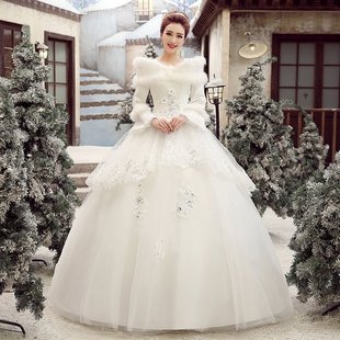 冬季婚纱礼服2023新娘结婚秋冬款齐地长袖，保暖加厚冬天长袖女