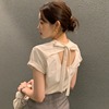 韩国chic夏季小众设计感时尚，心机蝴蝶结系带镂空露背短袖t恤上衣