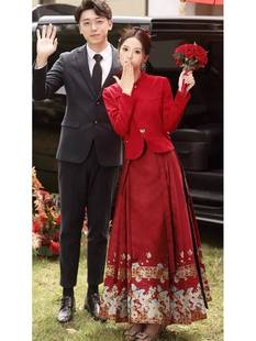 订婚礼红色改良敬酒汉服小个子，新娘中式国风马面，半身裙上衣女套装