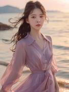 紫色衬衫连衣裙女2024夏季海边度假风气质，名媛温柔绝美雪纺裙
