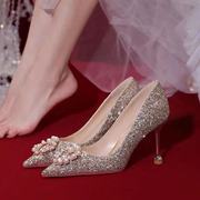 婚鞋水晶鞋主婚纱高跟鞋女2022年珍珠新娘鞋日常可穿结婚鞋子