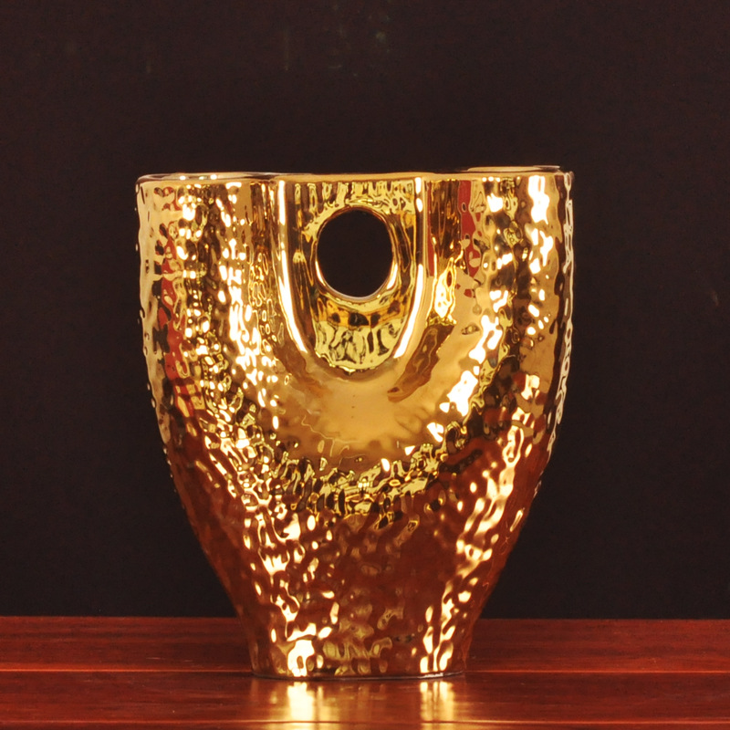 欧式简约电镀金属色钱袋陶瓷花瓶摆件样板房室内装修家居饰品