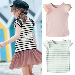 出口日本女童夏季纯棉短袖，薄款t恤儿童休闲纯色，条纹圆领套头上衣