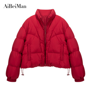 红色羽绒服女短款2023年冬季韩版宽松时尚面包服90白鸭绒外套