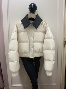 皮翻领棉服，女短款2024年韩版拼接小个子，秋冬季时尚加厚外套